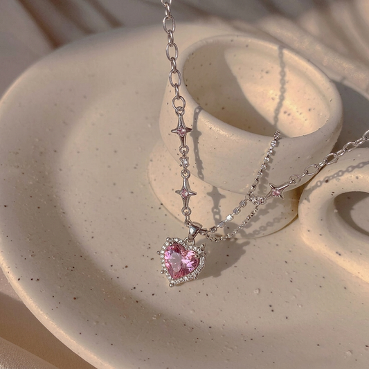 Pink Heart Starbust Necklace